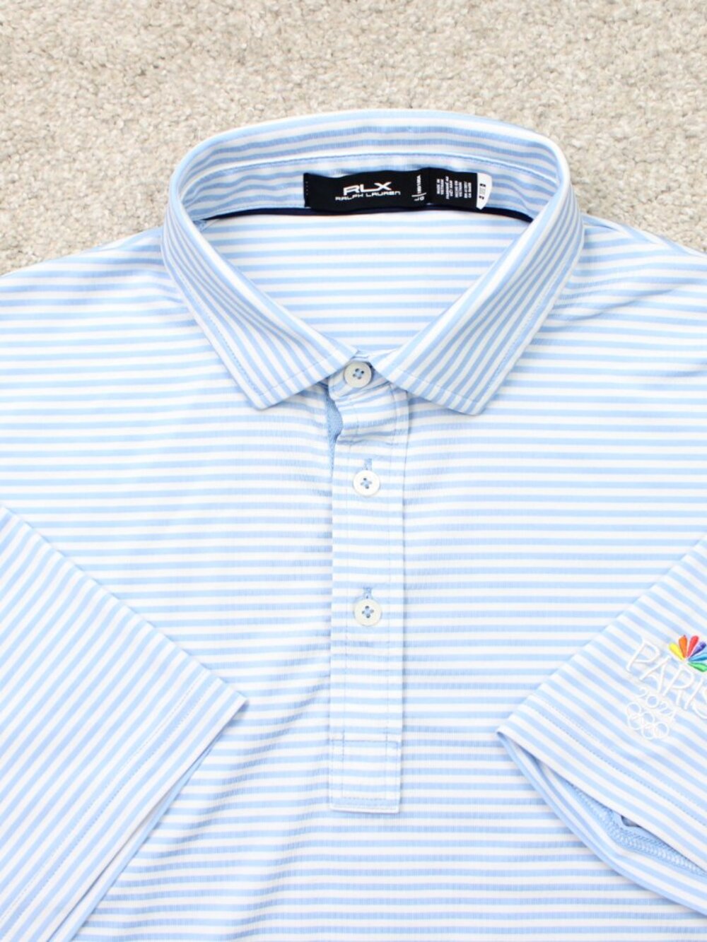 RLX Ralph Lauren Polo Shirt Mens Large Blue Golf Stretch S/S 2024 Paris Logo